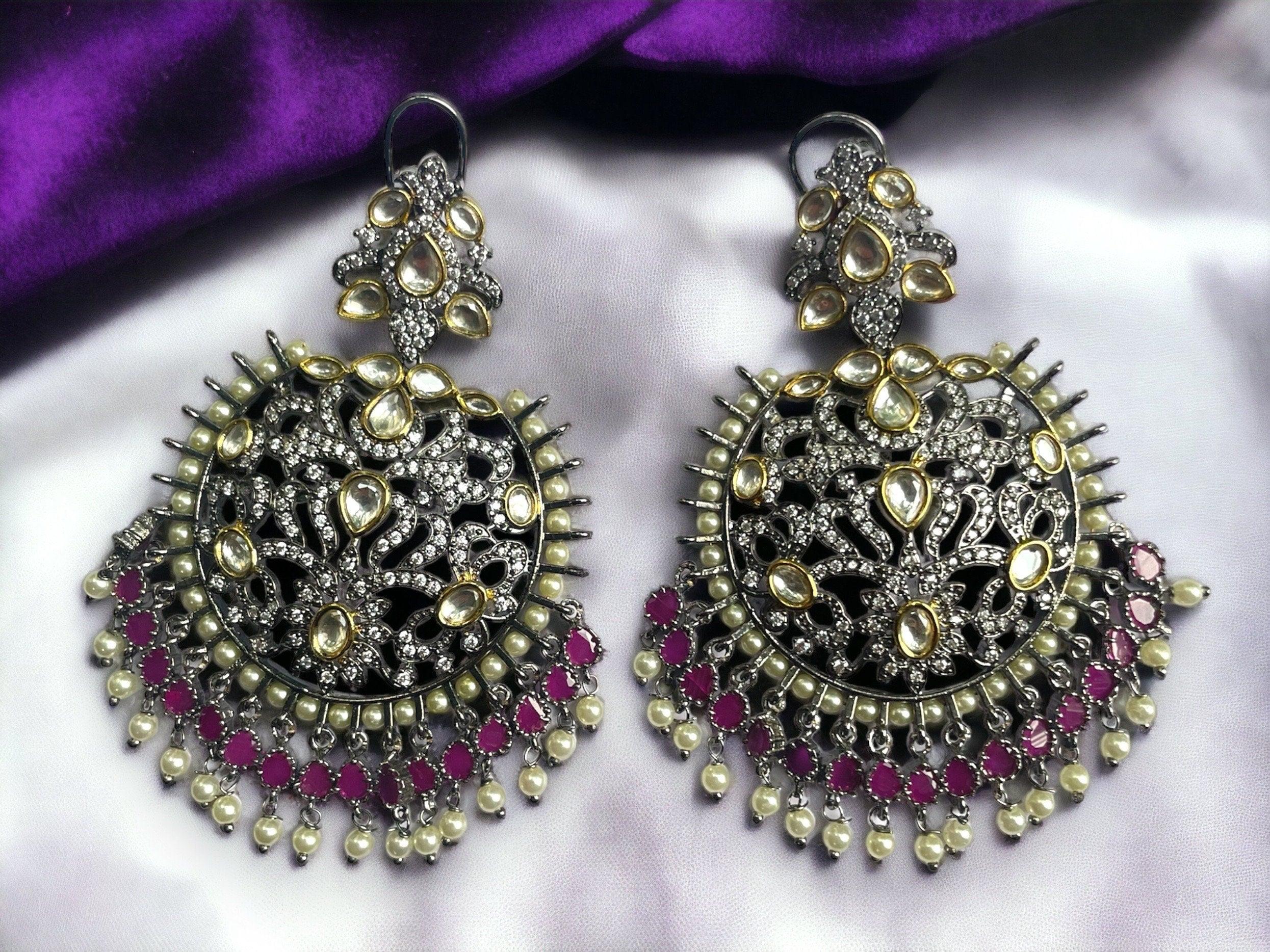 Ruby Victorian Chandelier Earrings Indian Earrings Indian Jewelry Pakistani Jewelry Kundan Chaandbali Victorian Earrings American Diamond