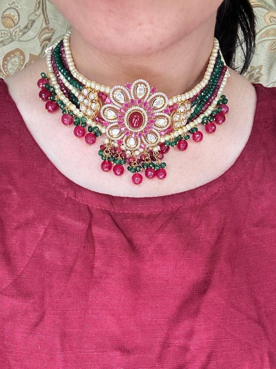 Ruby Green Fine Kundan Choker/ Indian Jewelry/ Pakistani Jewelry/ Indian Necklace/ Indian Choker/ Indian Wedding Necklace Set/ Kundan Choker