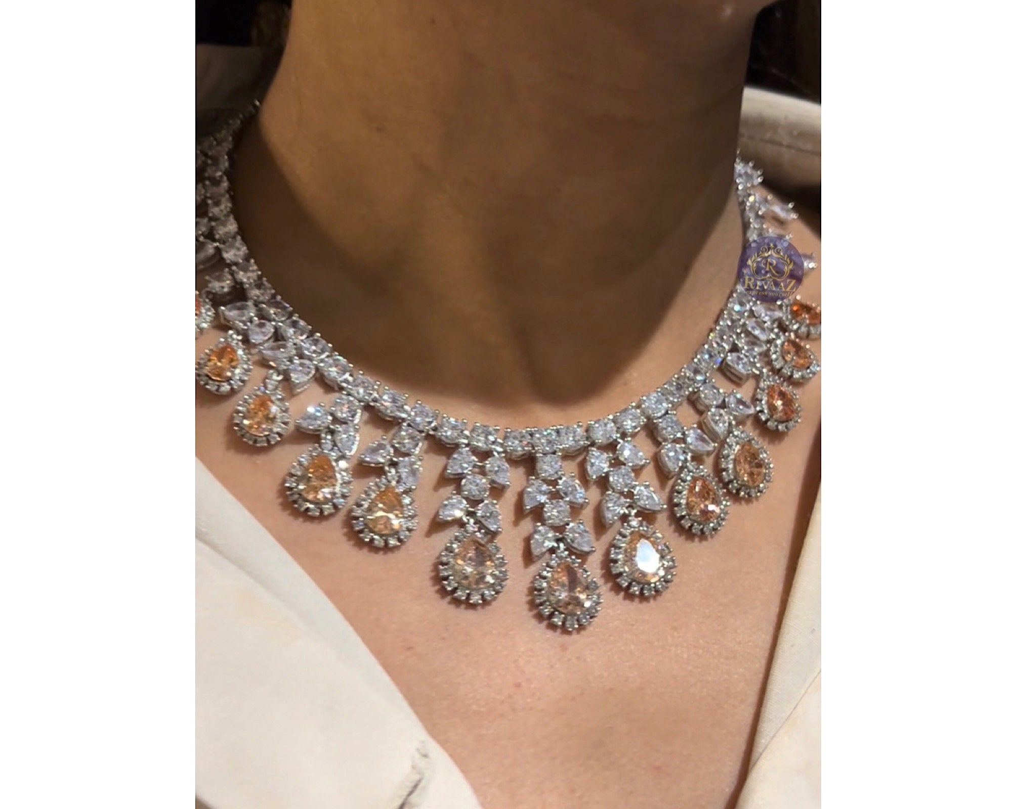 Sold Out May Gold CZ Diamond Necklace White Rhodium American Diamond Necklace Pakistani Jewelry Statement Necklace Cubic Zirconia Necklace