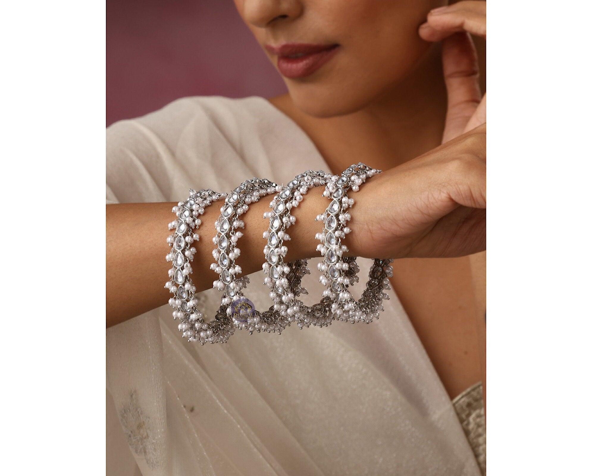 Silver Kundan Polki Bangles | Indian Jewelry | Pakistani Jewelry | Indian Bangle Set | Pakistani Bangles | Punjabi Jewelry | Silver Bangle