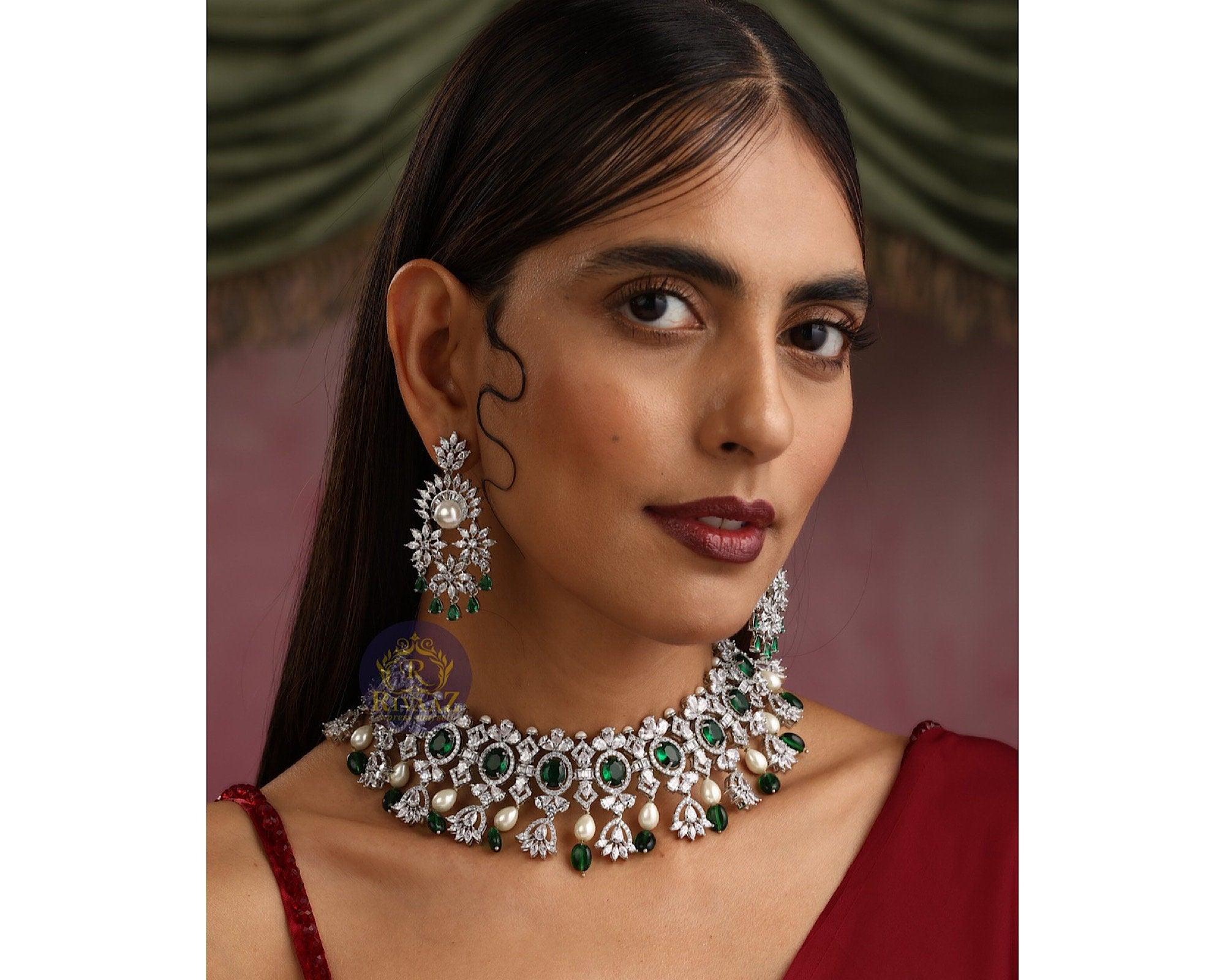 Erika Emerald Diamond Pearl Choker Earrings / Indian jewelry/ Indian Choker/ Pakistani jewelry/ Bollywood jewelry/ Pakistani Necklace