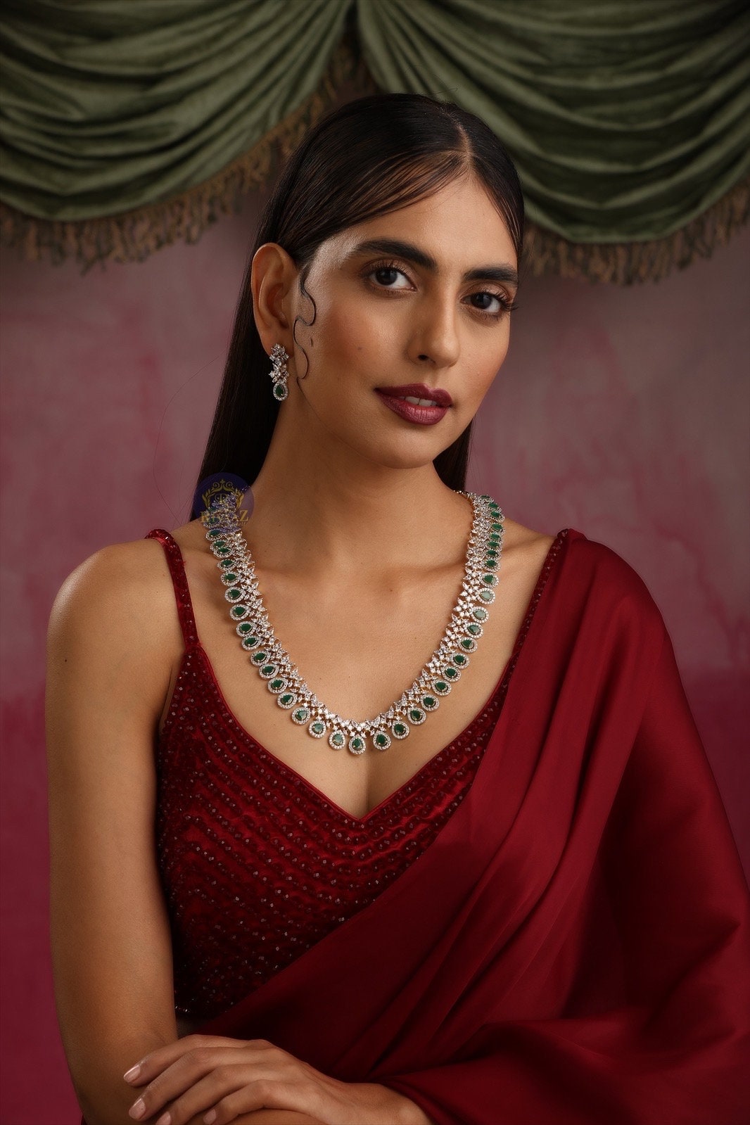 April Gold Emerald CZ long Necklace with Earrings / Long Indian Necklace/ Indian Jewelry/ Green Long Necklace/ Pakistani Jewelry