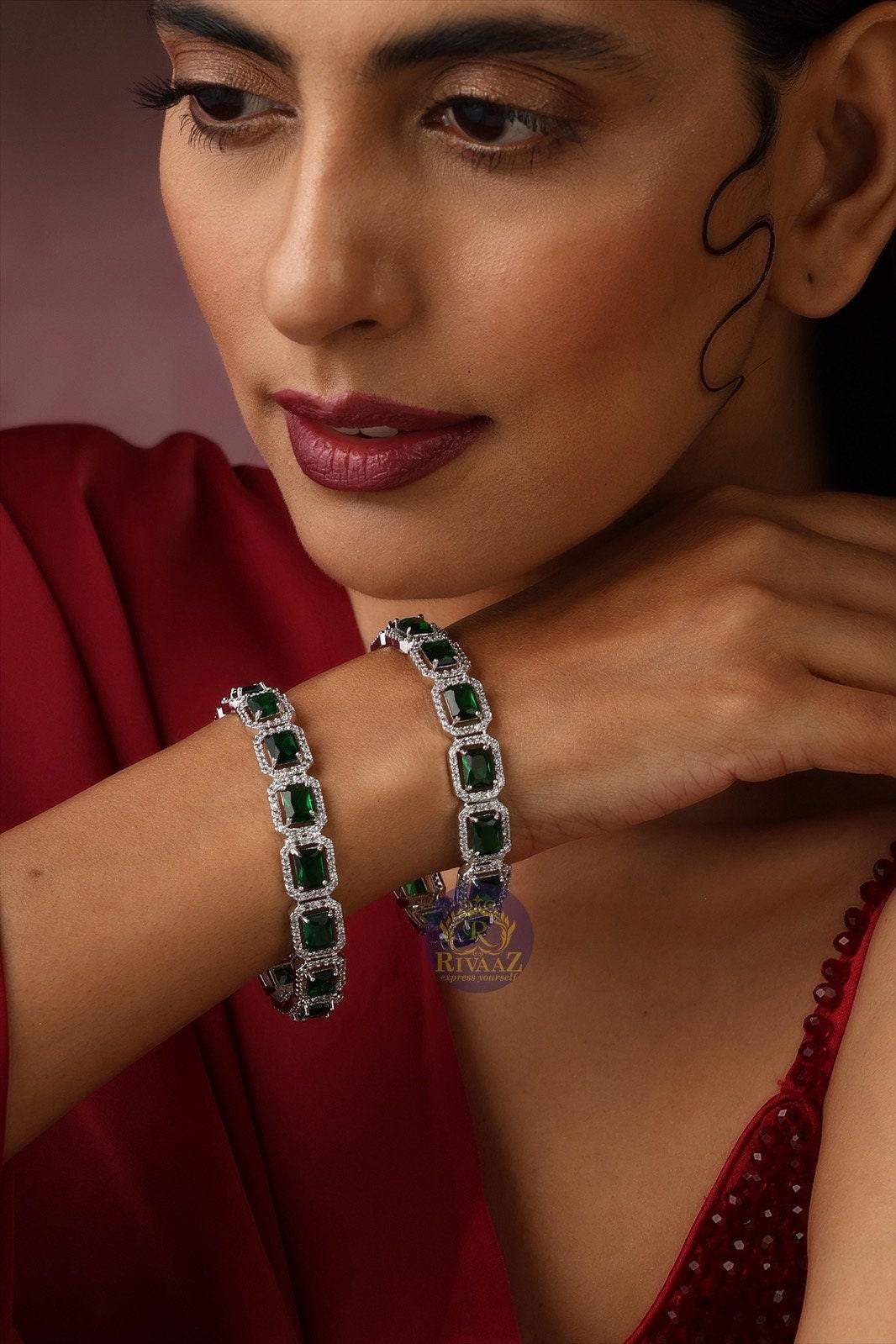 Emerald Diamond Silver Bangle | Indian Jewelry | Pakistani Jewelry | Bollywood Jewelry | Bangles | Green CZ Bangle