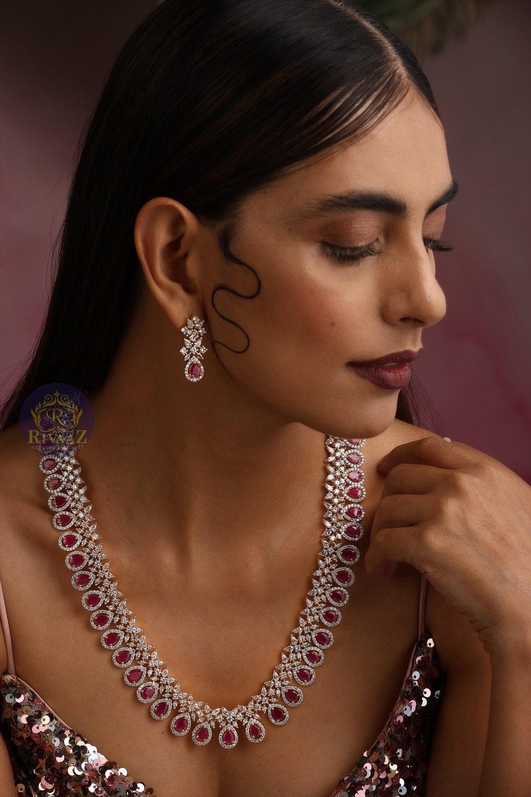 Sold Out April Silver Ruby CZ long Necklace with Earrings Long Indian Necklace Indian Jewelry Red Long Necklace Pakistani Jewelry Necklace