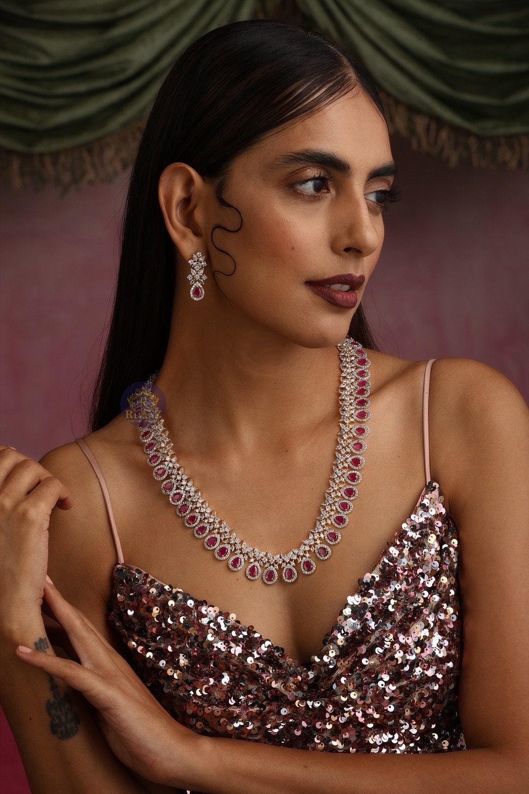 Sold Out April Silver Ruby CZ long Necklace with Earrings Long Indian Necklace Indian Jewelry Red Long Necklace Pakistani Jewelry Necklace