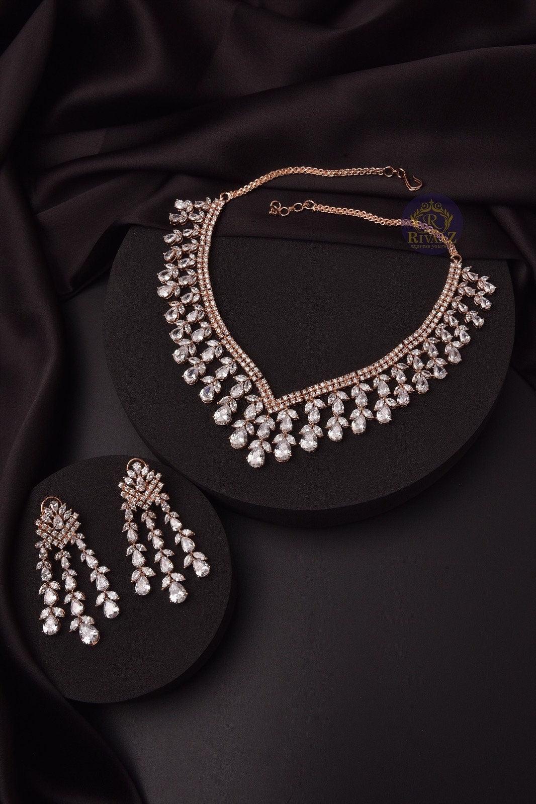 Sold Out Diana Rose Gold CZ Necklace With Earrings American Diamond CZ Necklace Choker Necklace Indian Cubic Zirconia Necklace