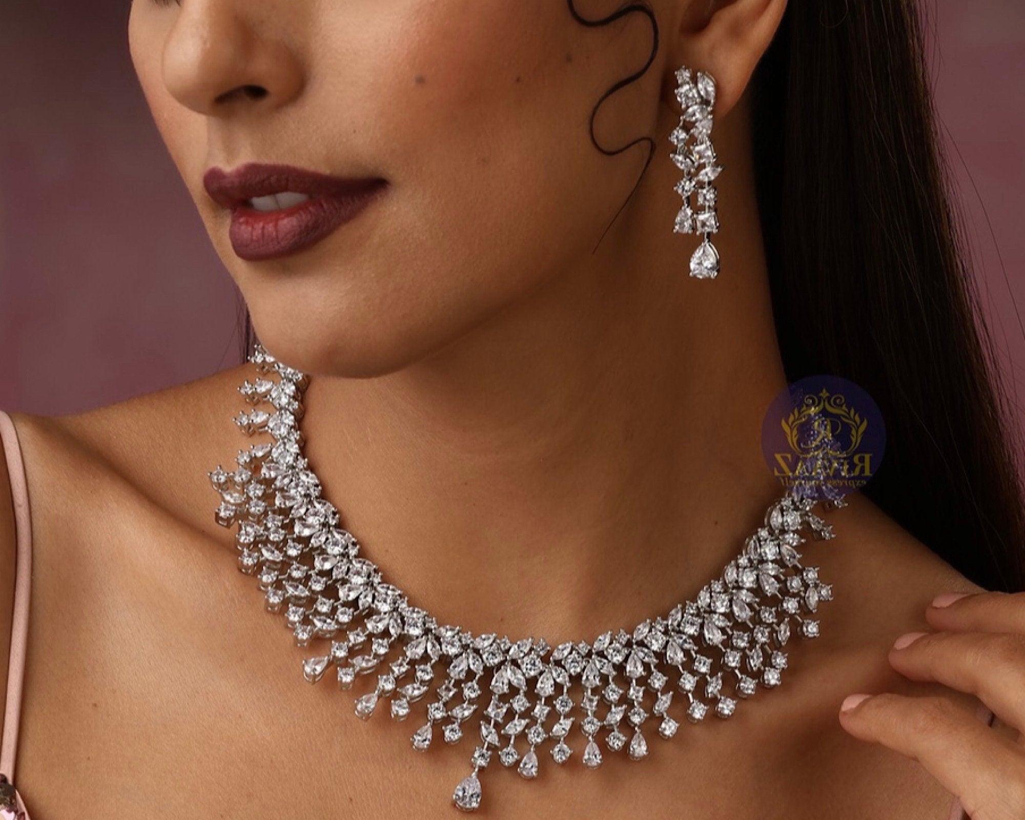 CZ Necklace Set Baguettes Diamond Necklace American Diamond Set Indian Jewelry Wedding Necklace And Earrings Set Wedding Statement Necklace