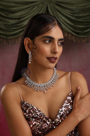 CZ Necklace Set Baguettes Diamond Necklace American Diamond Set Indian Jewelry Wedding Necklace And Earrings Set Wedding Statement Necklace