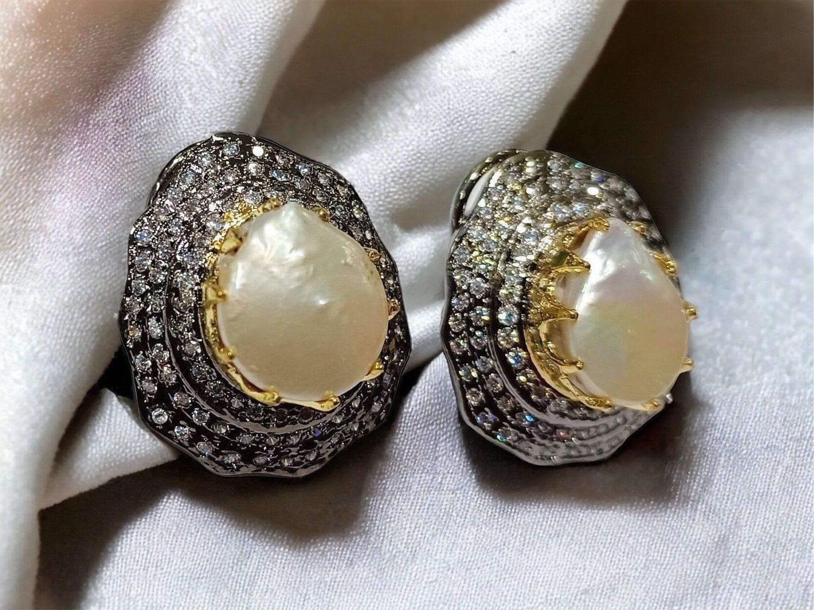 Sold Out Baroque Pearl Diamond CZ Studs Statement Earrings Indian Jewelry Indian Earrings Indian Studs Crystal Earrings Bollywood Jewelry