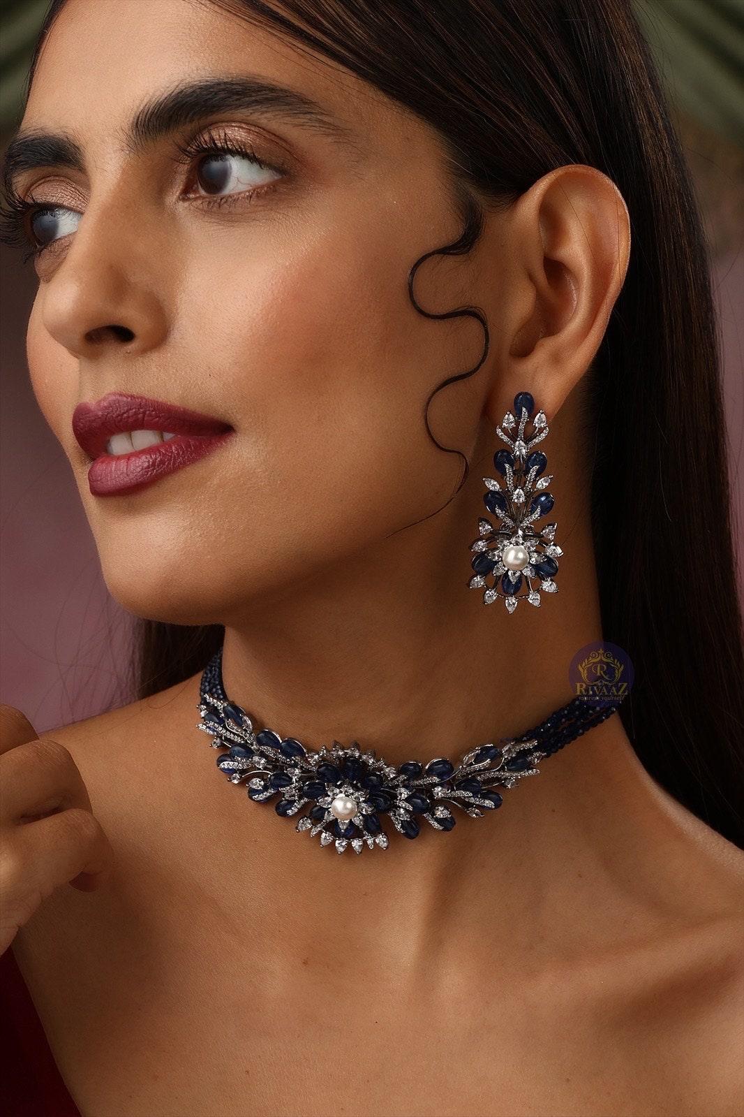 Mia Sapphire Blue Diamond Choker Necklace Indian Choker
