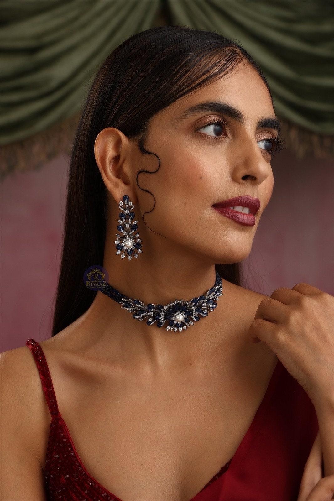 Mia Sapphire Blue Diamond Choker Necklace Indian Choker
