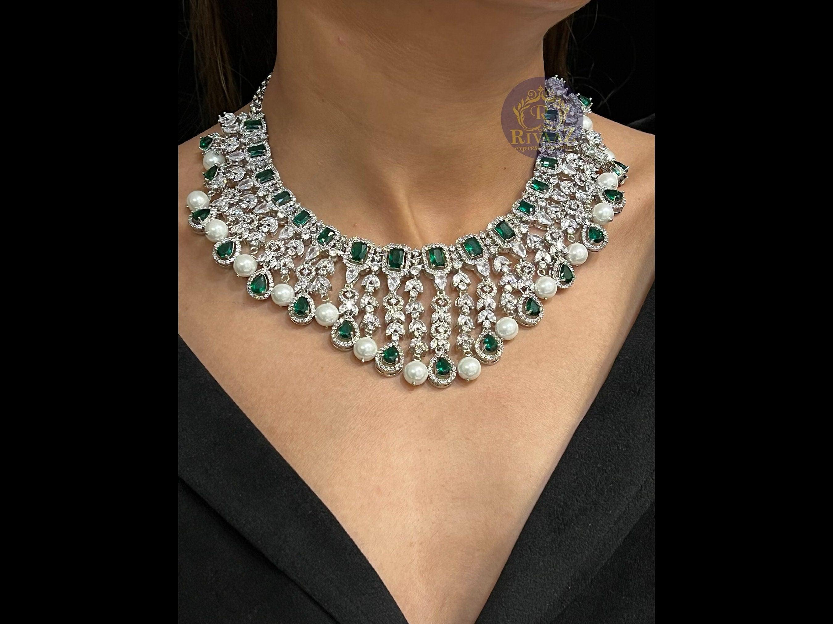 Emerald CZ Diamond Pearl Necklace Wedding Necklace Statement Necklace CZ Necklace Set Indian Bridal Jewelry American Diamond Set