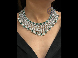 Emerald CZ Diamond Pearl Necklace Wedding Necklace Statement Necklace CZ Necklace Set Indian Bridal Jewelry American Diamond Set