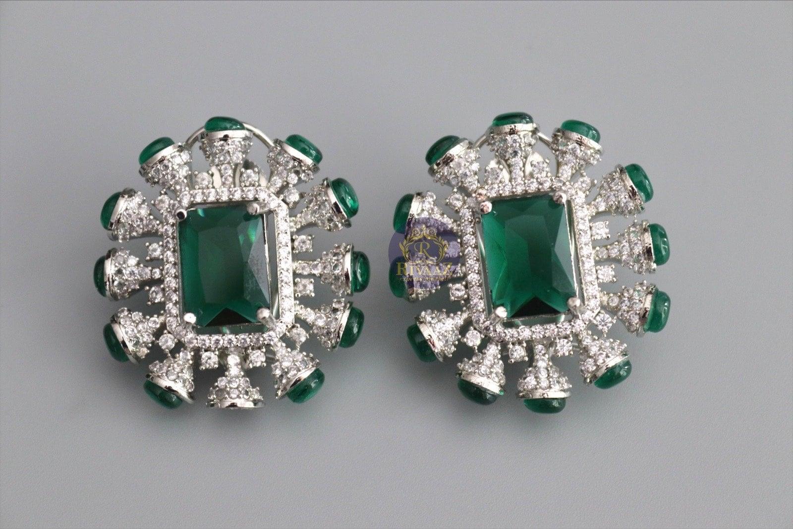 Kiara CZ Emerald Studs Indian Stud Statement Earrings Pakistani Earrings Cubic Zirconia EarringsIndian jewelryIndian earrings