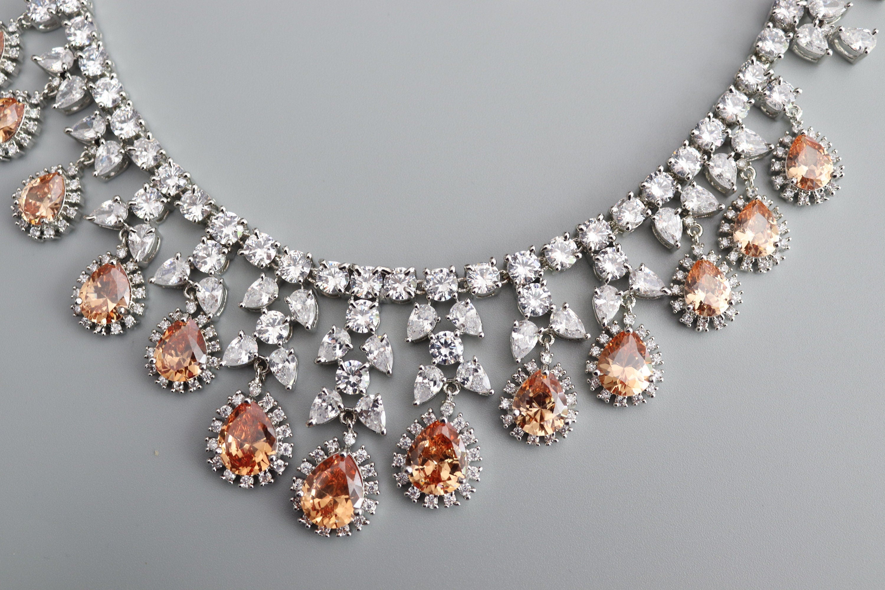 Sold Out May Gold CZ Diamond Necklace White Rhodium American Diamond Necklace Pakistani Jewelry Statement Necklace Cubic Zirconia Necklace