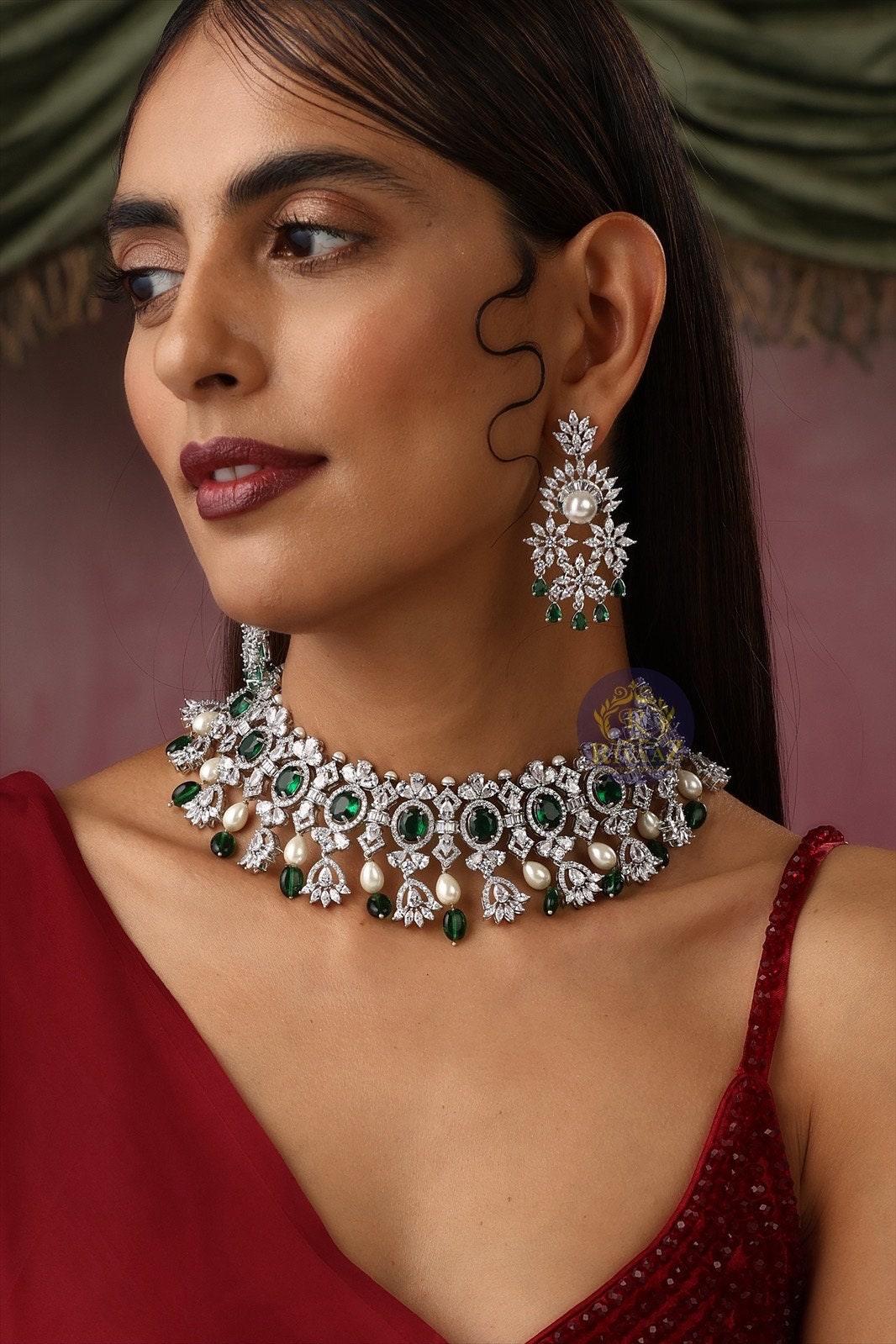 Erika Emerald Diamond Pearl Choker Earrings / Indian jewelry/ Indian Choker/ Pakistani jewelry/ Bollywood jewelry/ Pakistani Necklace