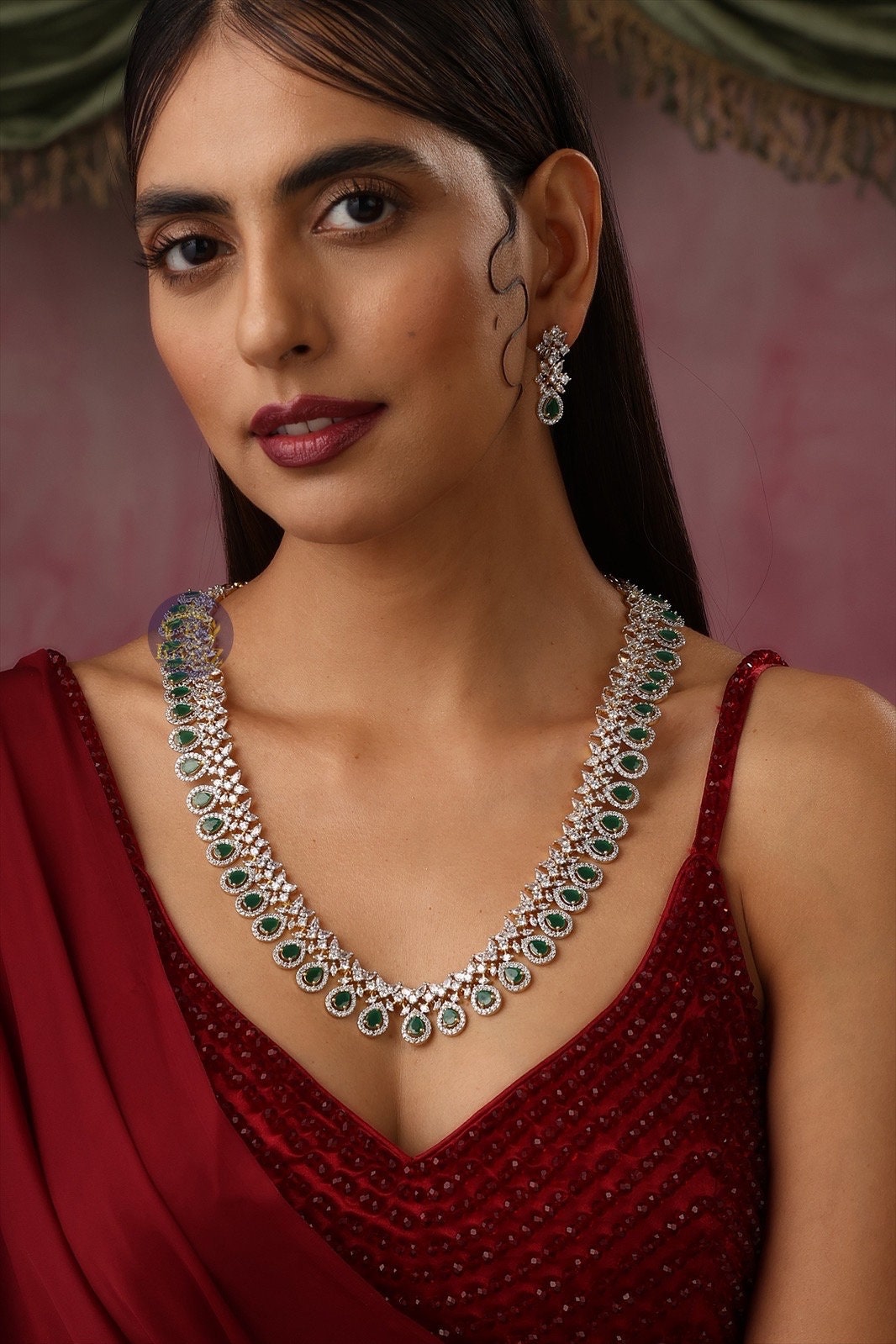 April Gold Emerald CZ long Necklace with Earrings / Long Indian Necklace/ Indian Jewelry/ Green Long Necklace/ Pakistani Jewelry