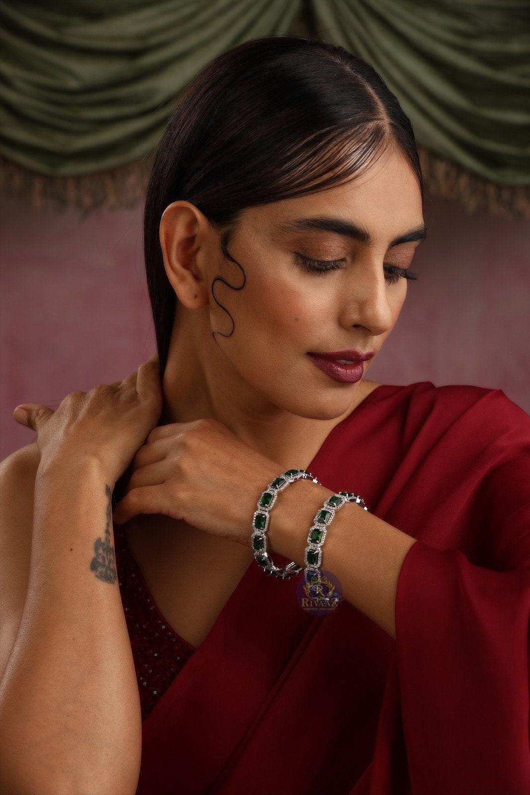 Emerald Diamond Silver Bangle | Indian Jewelry | Pakistani Jewelry | Bollywood Jewelry | Bangles | Green CZ Bangle