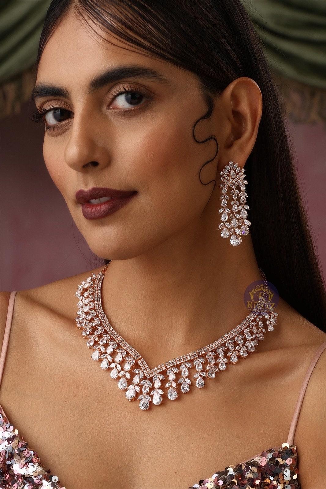 Sold Out Diana Rose Gold CZ Necklace With Earrings American Diamond CZ Necklace Choker Necklace Indian Cubic Zirconia Necklace