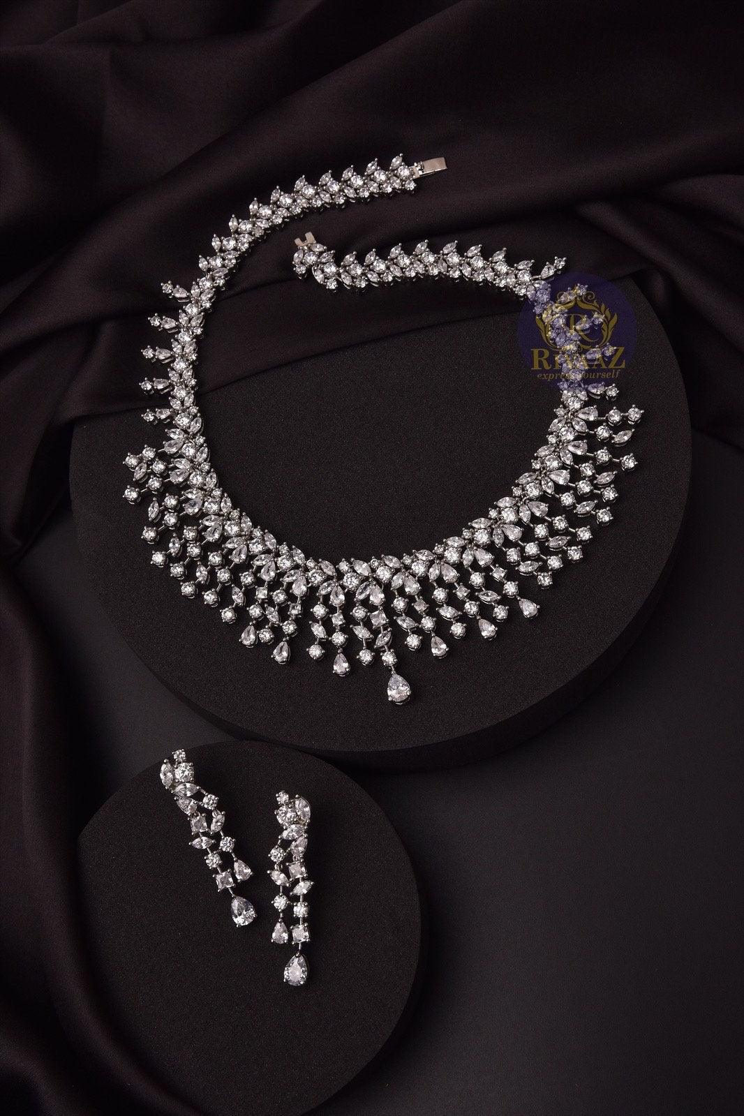 CZ Necklace Set Baguettes Diamond Necklace American Diamond Set Indian Jewelry Wedding Necklace And Earrings Set Wedding Statement Necklace