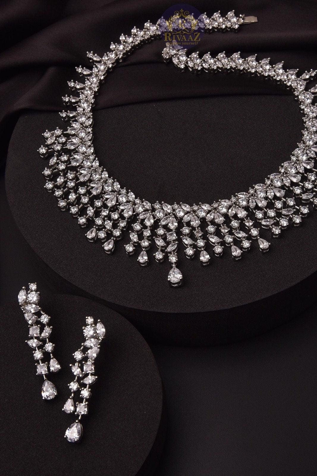 CZ Necklace Set Baguettes Diamond Necklace American Diamond Set Indian Jewelry Wedding Necklace And Earrings Set Wedding Statement Necklace