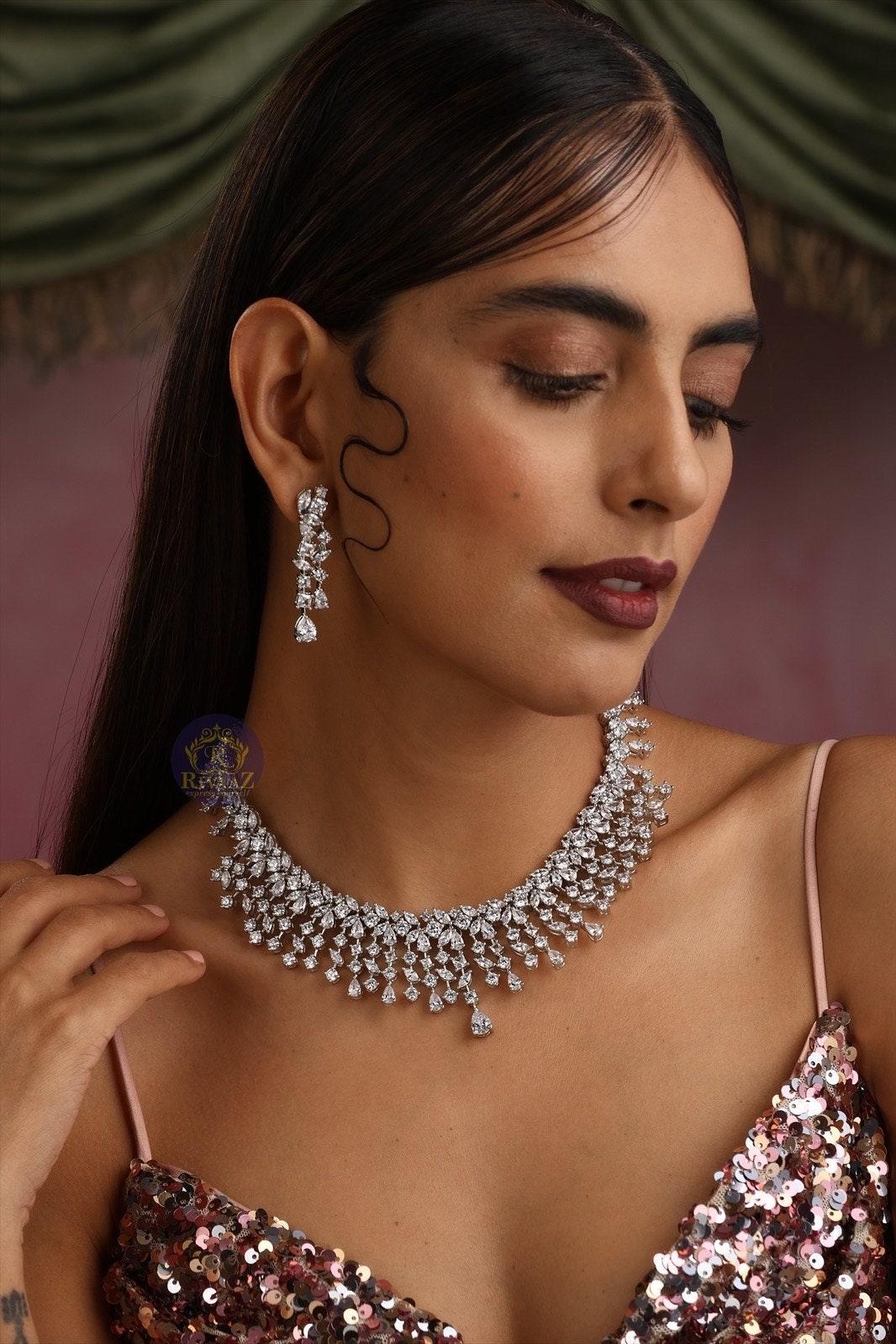 CZ Necklace Set Baguettes Diamond Necklace American Diamond Set Indian Jewelry Wedding Necklace And Earrings Set Wedding Statement Necklace