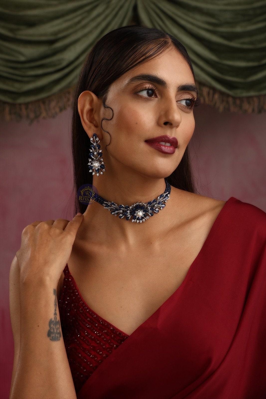 Mia Sapphire Blue Diamond Choker Necklace Indian Choker