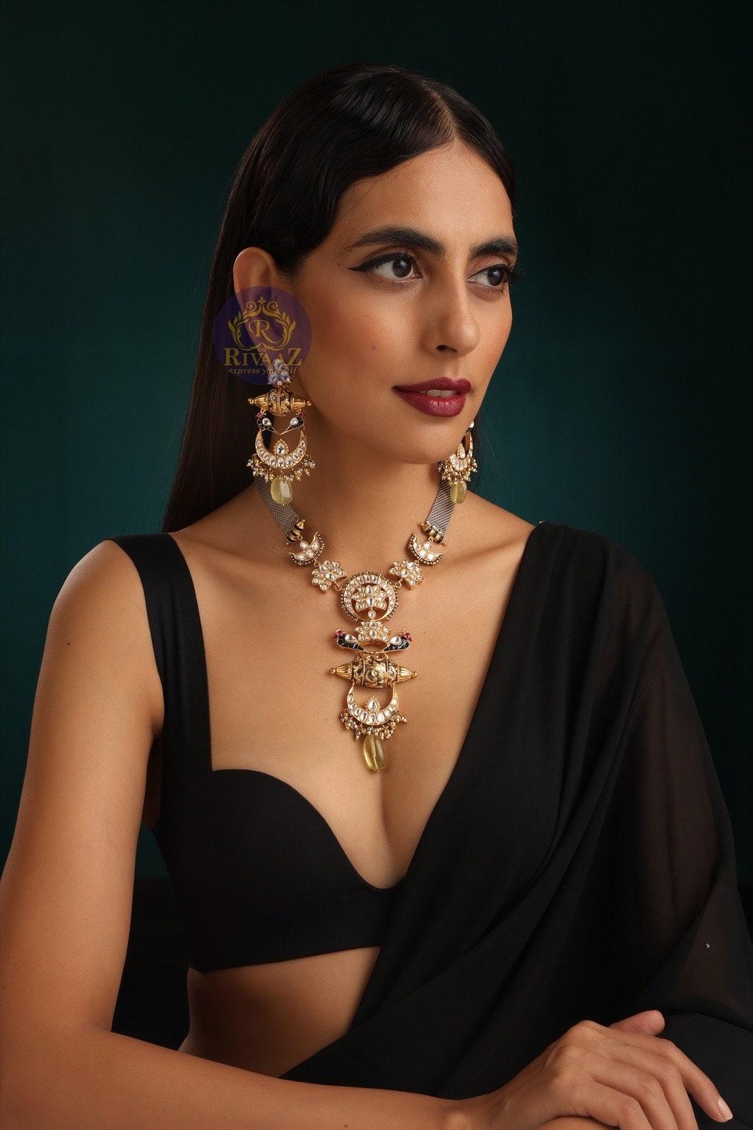 Tia Green Kundan Long Fusion Necklace • Dual Tone, Oxidized Necklace • Long Indian Necklace• Indian Jewelry • Jewelry