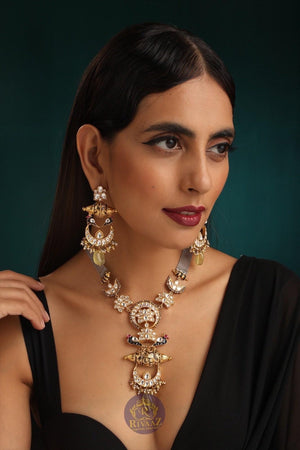 Tia Green Kundan Long Fusion Necklace • Dual Tone, Oxidized Necklace • Long Indian Necklace• Indian Jewelry • Jewelry