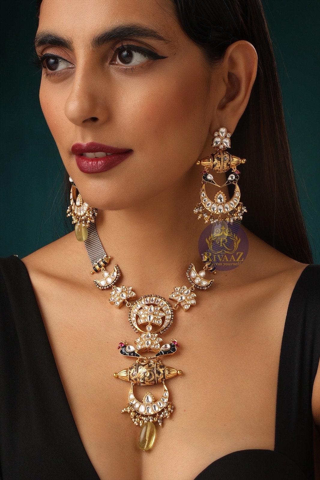 Tia Green Kundan Long Fusion Necklace • Dual Tone, Oxidized Necklace • Long Indian Necklace• Indian Jewelry • Jewelry