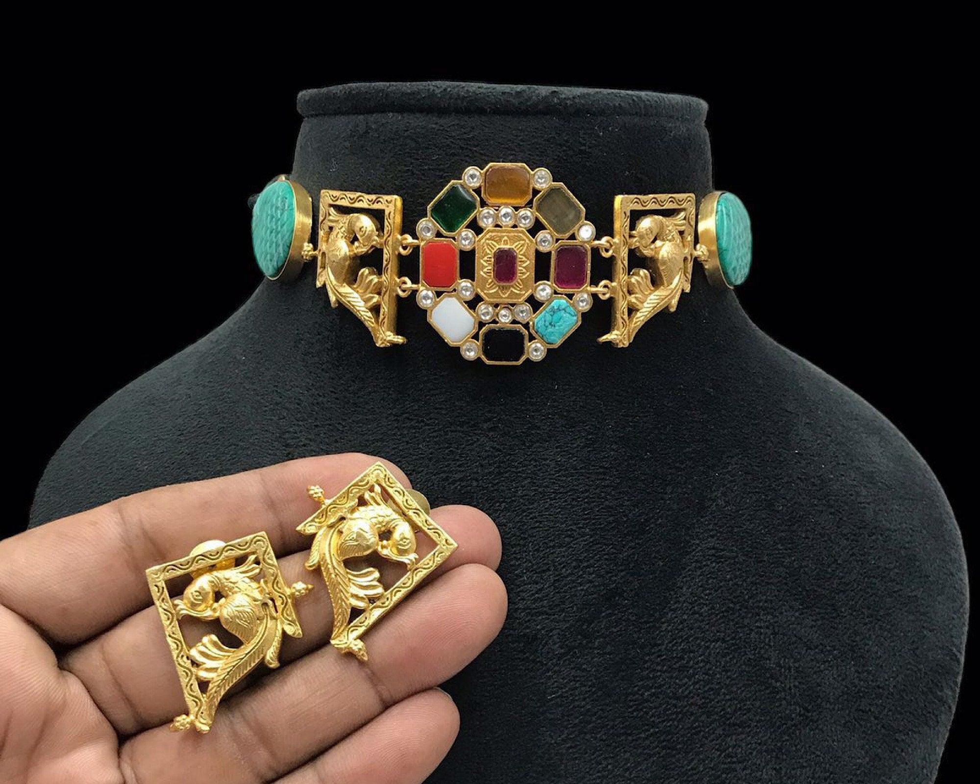 Navratan Turquoise Kundan Choker With Earrings In Matte Gold • Indian Jewelry • Indian Choker Necklace • Indian Necklace Set •
