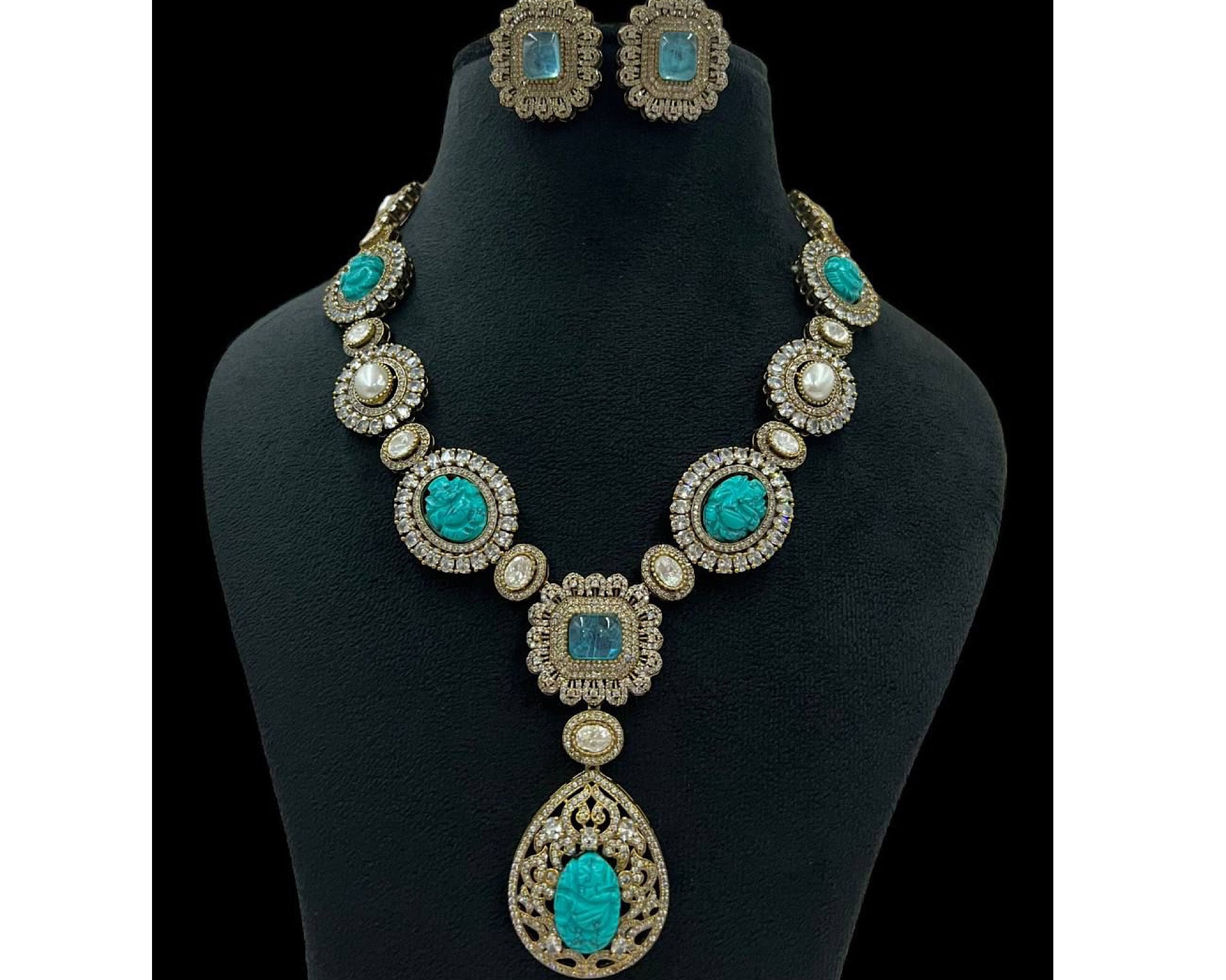 Pre Order Turquoise Victorian Long Necklace Set, Indian Long Necklace, Victorian Jewelry India Made of Semiprecious Stones, Kundan Long
