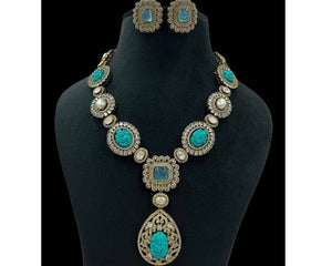 Pre Order Turquoise Victorian Long Necklace Set, Indian Long Necklace, Victorian Jewelry India Made of Semiprecious Stones, Kundan Long