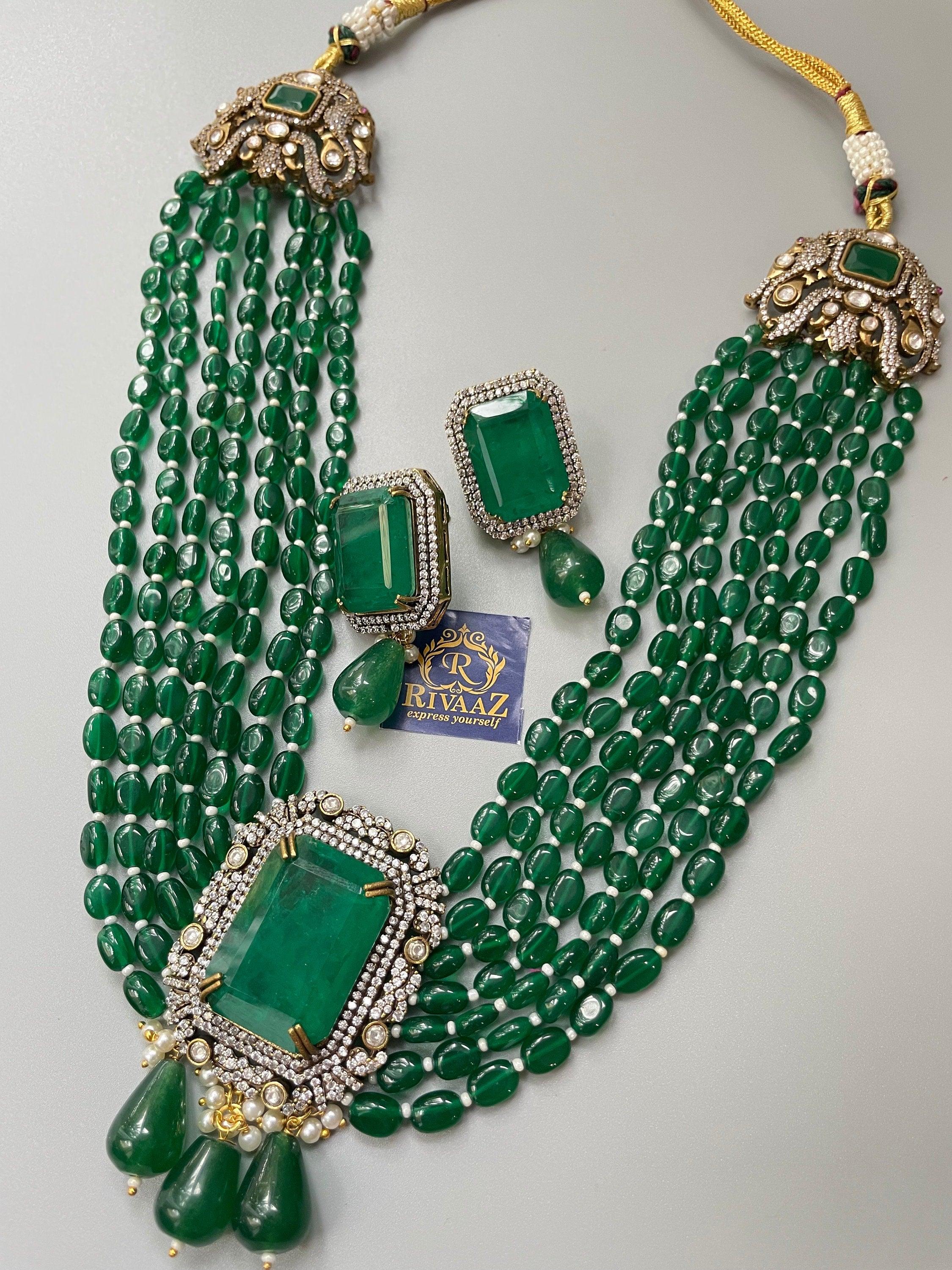 Emerald Green Long Necklace with Earrings in Doublet Emerald / Victorian Necklace/ Indian Long Necklace/ Indian Jewelry/ Pakistani Jewelry