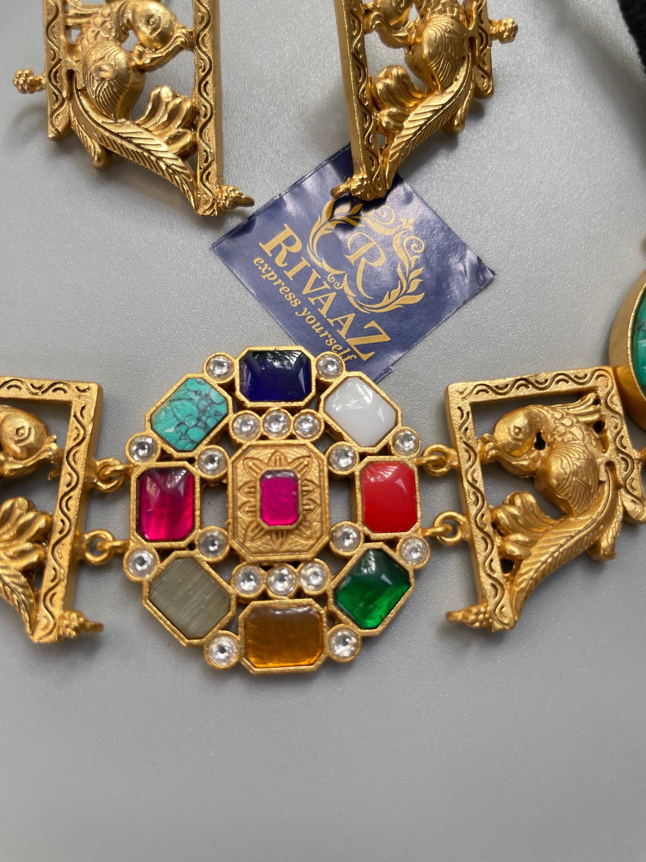 Navratan Turquoise Kundan Choker With Earrings In Matte Gold • Indian Jewelry • Indian Choker Necklace • Indian Necklace Set •