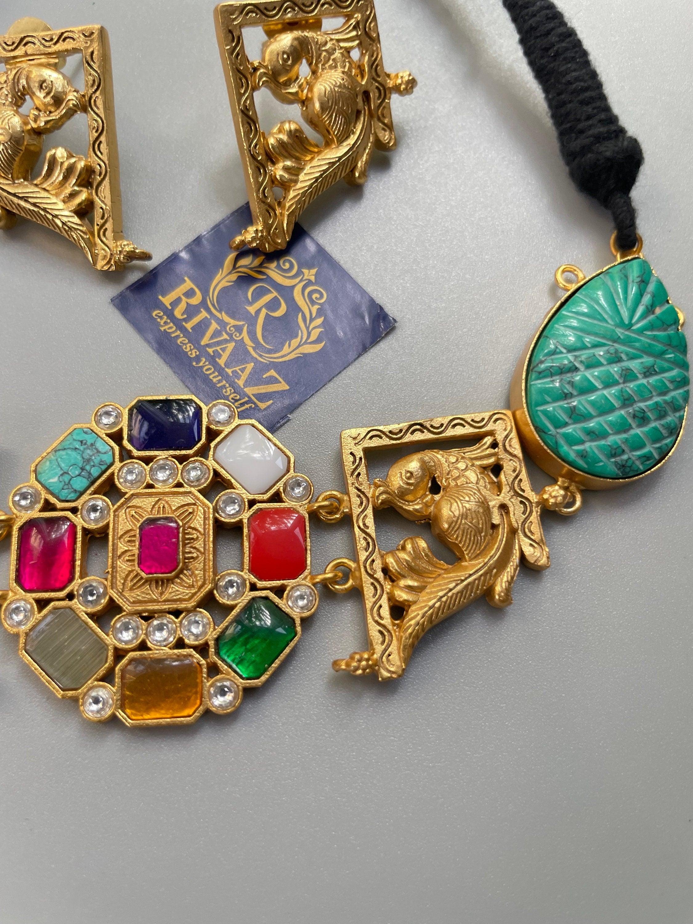 Navratan Turquoise Kundan Choker With Earrings In Matte Gold • Indian Jewelry • Indian Choker Necklace • Indian Necklace Set •