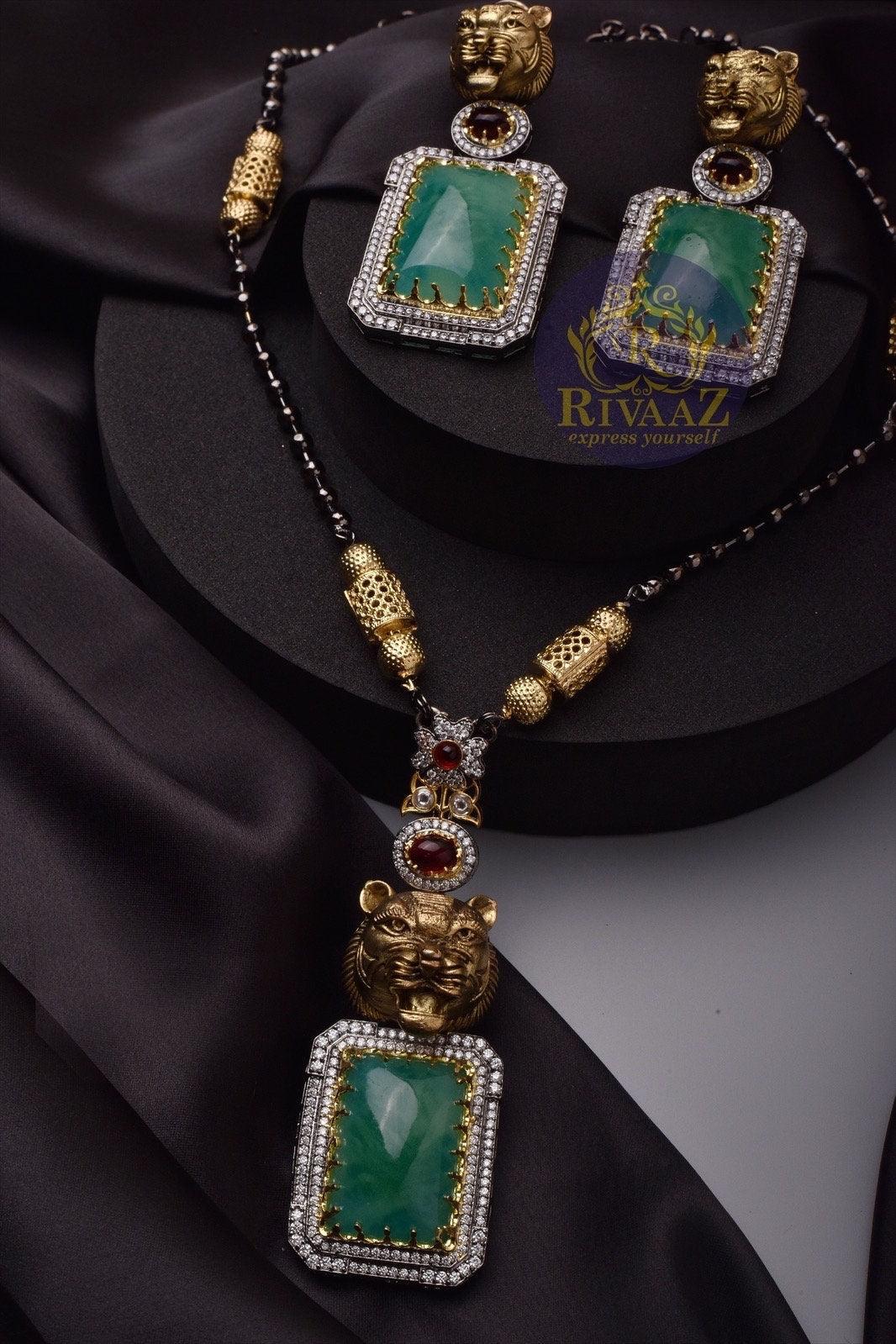 Sabya Inspired Emerald Long Jaguar Necklace Fusion Indian Long Necklace Indian Jewelry Long Pendant Necklace