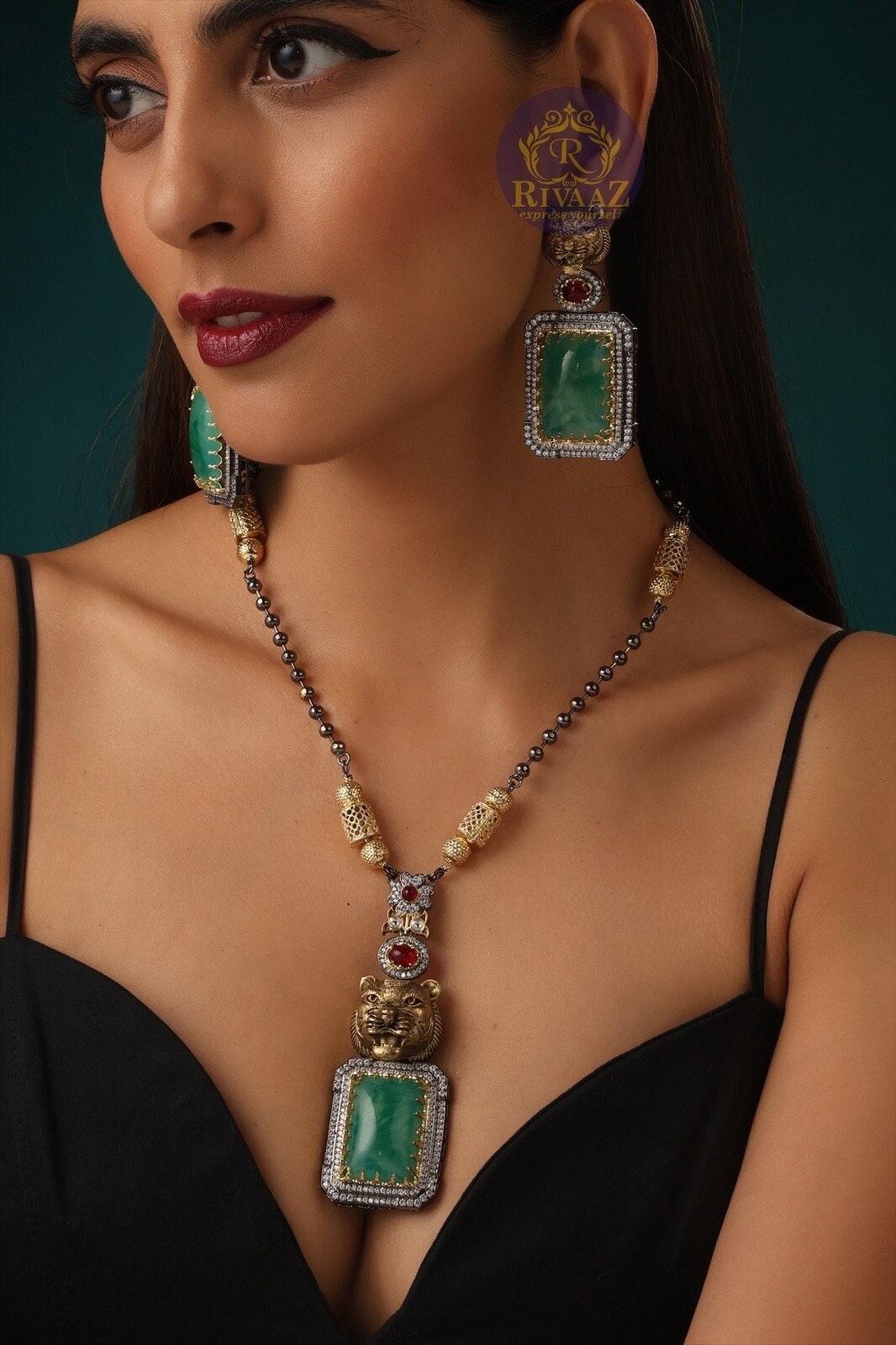 Sabya Inspired Emerald Long Jaguar Necklace Fusion Indian Long Necklace Indian Jewelry Long Pendant Necklace
