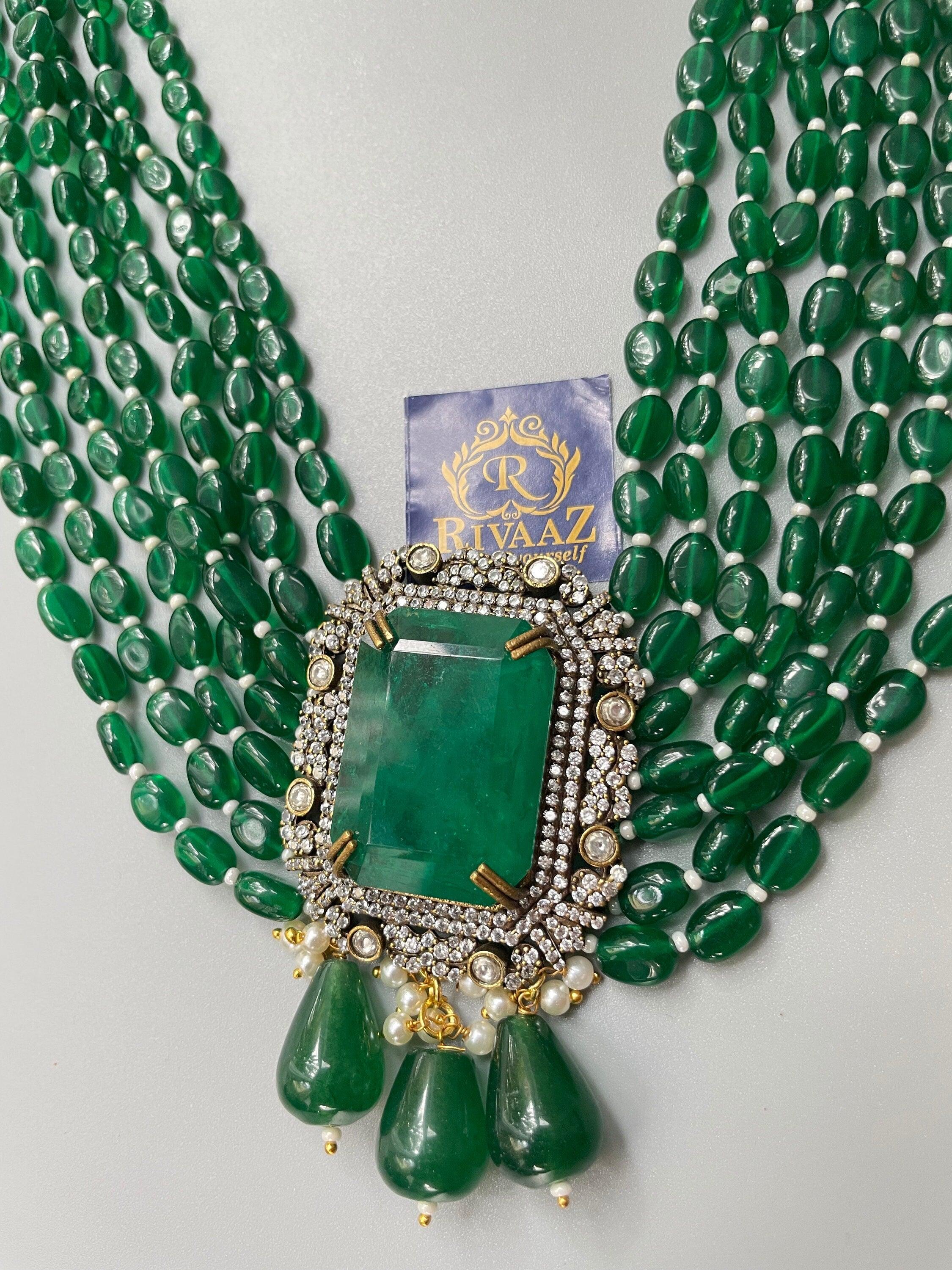 Emerald Green Long Necklace with Earrings in Doublet Emerald / Victorian Necklace/ Indian Long Necklace/ Indian Jewelry/ Pakistani Jewelry