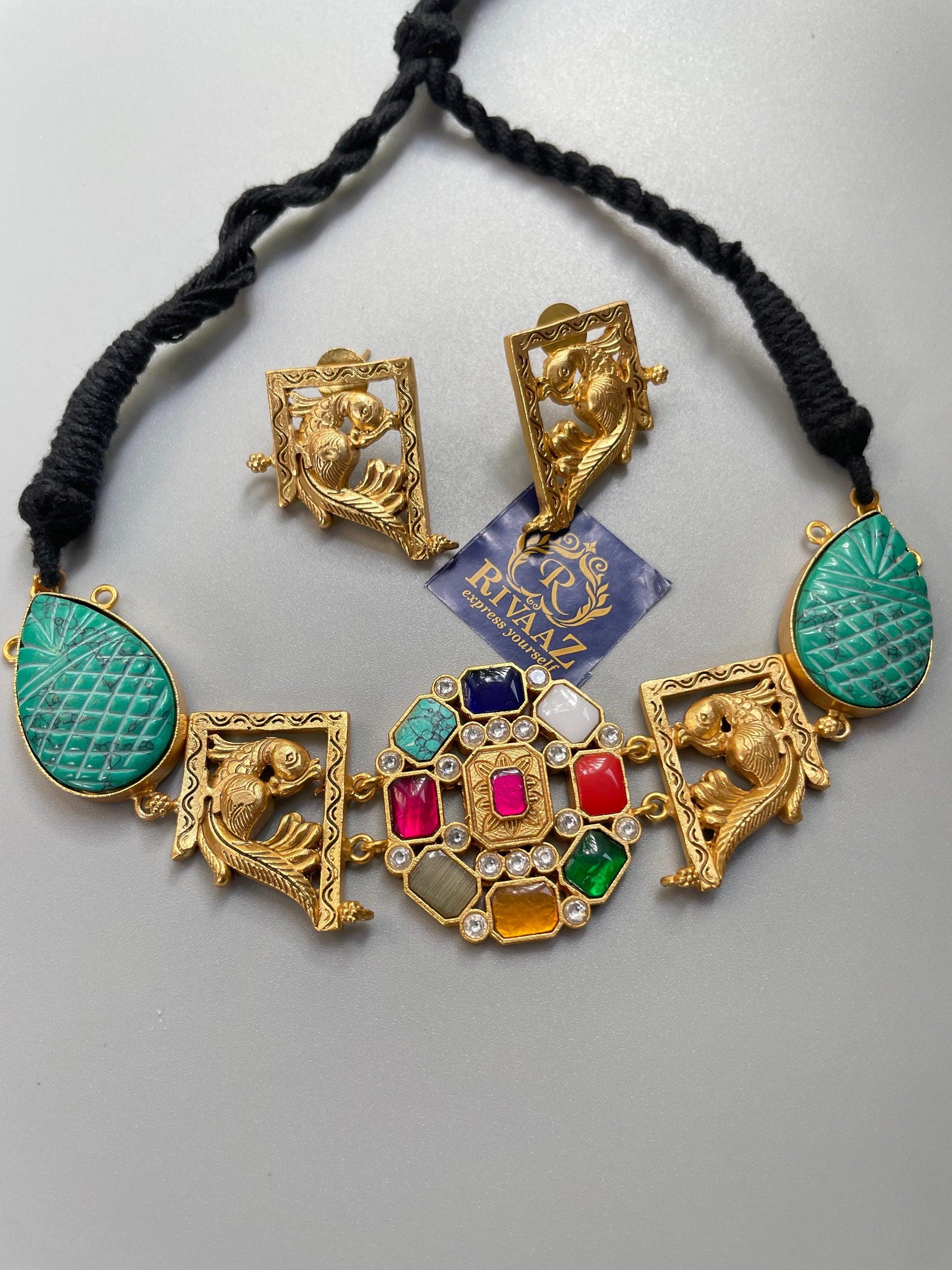 Navratan Turquoise Kundan Choker With Earrings In Matte Gold • Indian Jewelry • Indian Choker Necklace • Indian Necklace Set •