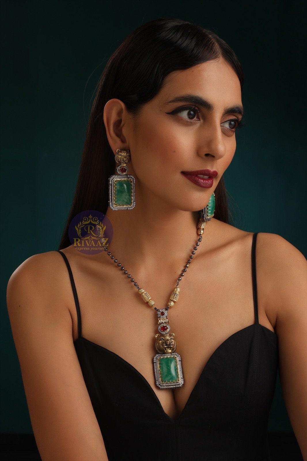 Sabya Inspired Emerald Long Jaguar Necklace Fusion Indian Long Necklace Indian Jewelry Long Pendant Necklace