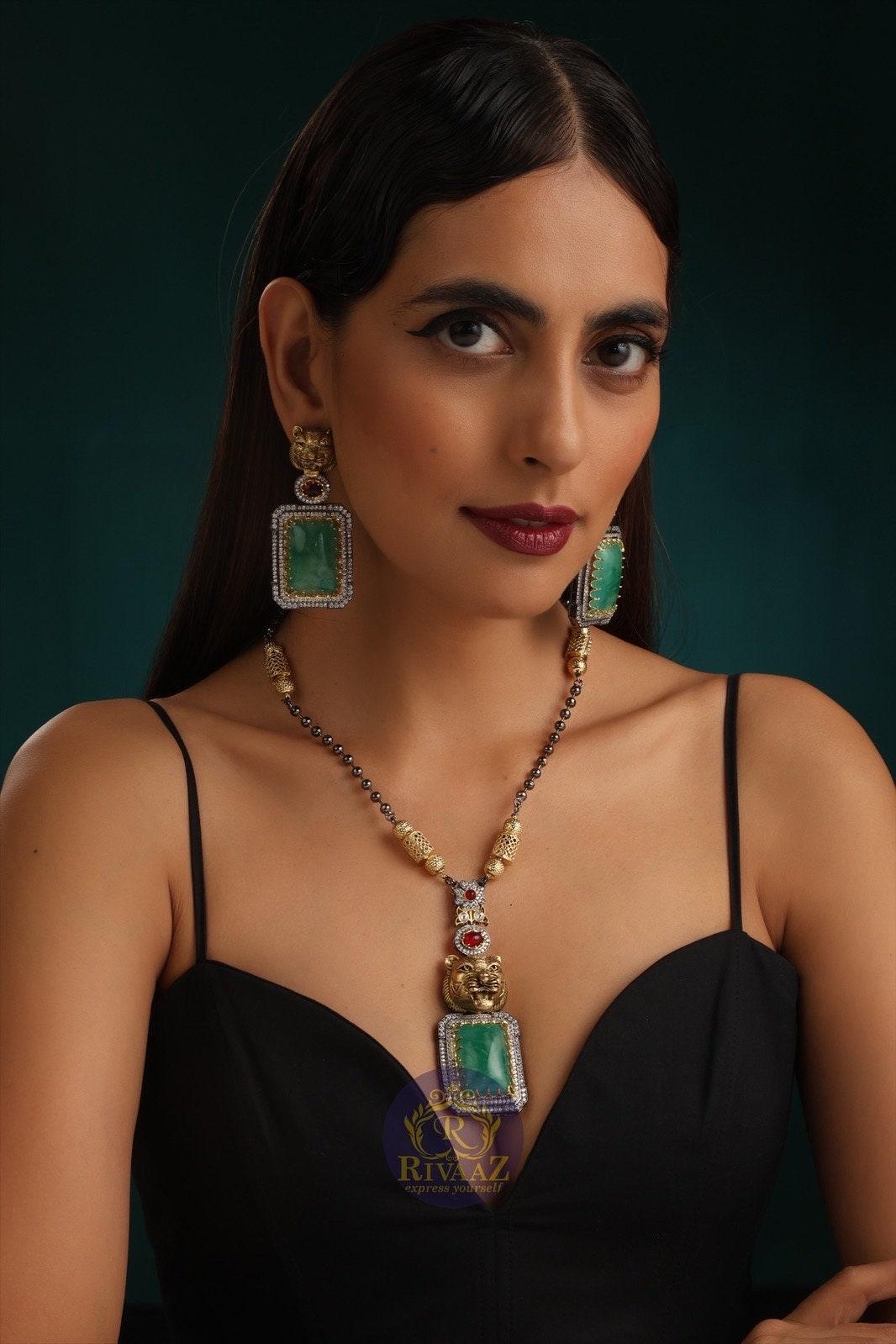 Sabya Inspired Emerald Long Jaguar Necklace Fusion Indian Long Necklace Indian Jewelry Long Pendant Necklace