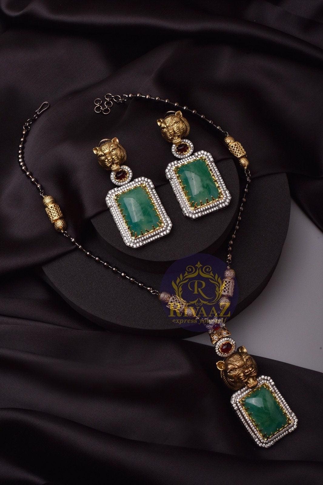 Sabya Inspired Emerald Long Jaguar Necklace Fusion Indian Long Necklace Indian Jewelry Long Pendant Necklace