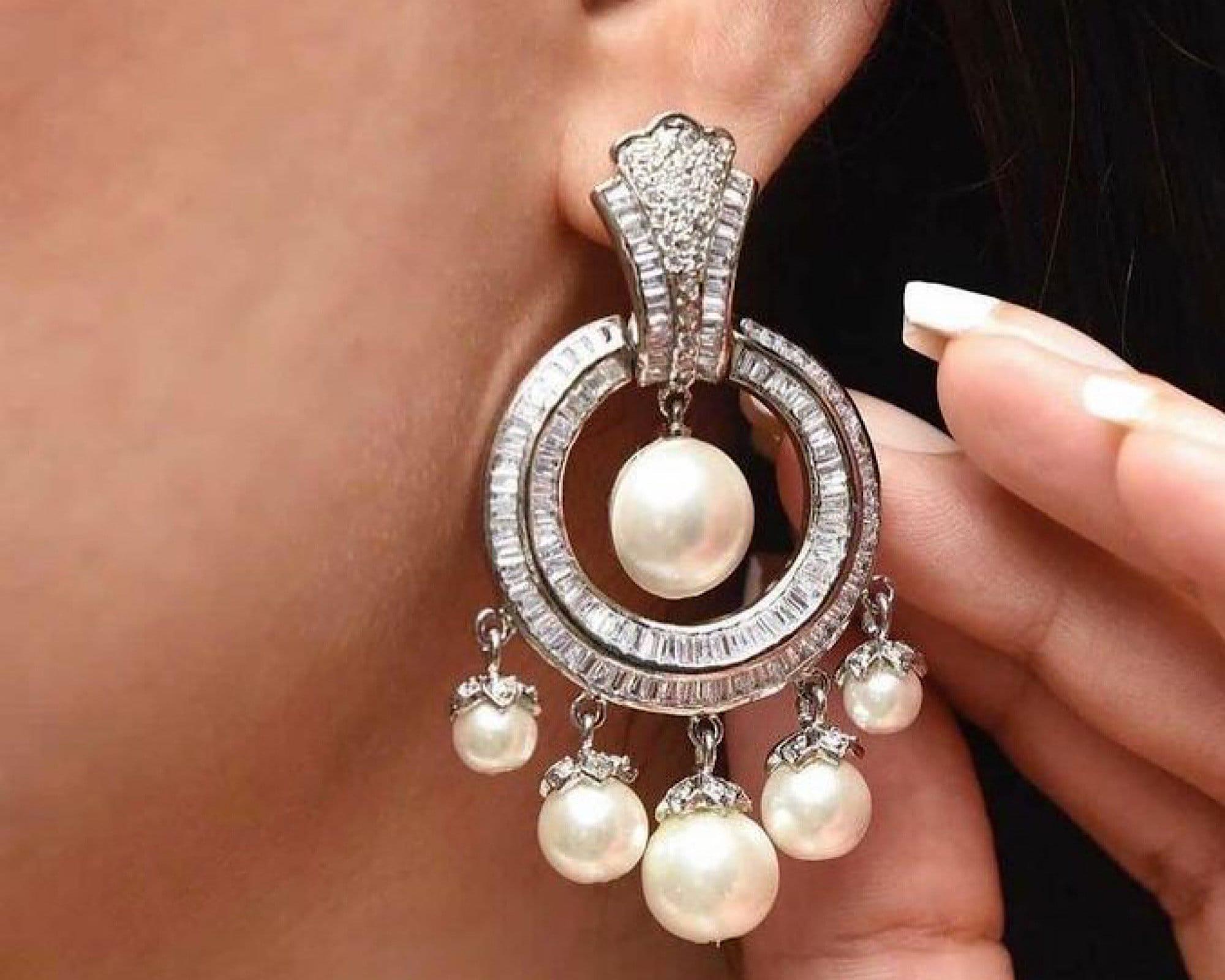 Nina Diamond Chandbali Pearl Earrings American Diamond Pakistani Earrings CZ Earrings Chaandbali Indian Earrings Pakistani Jewelry