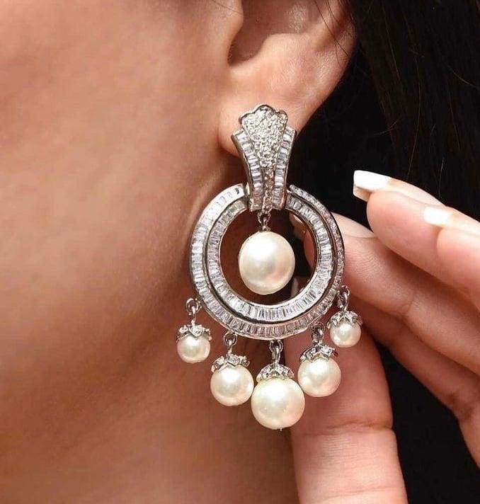 Nina Diamond Chandbali Pearl Earrings American Diamond Pakistani Earrings CZ Earrings Chaandbali Indian Earrings Pakistani Jewelry