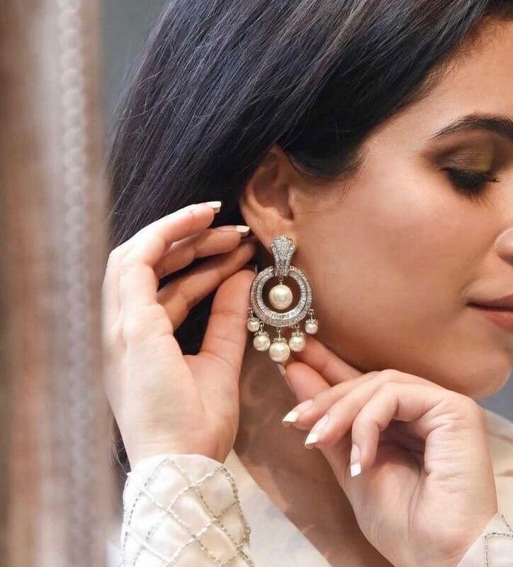 Nina Diamond Chandbali Pearl Earrings American Diamond Pakistani Earrings CZ Earrings Chaandbali Indian Earrings Pakistani Jewelry