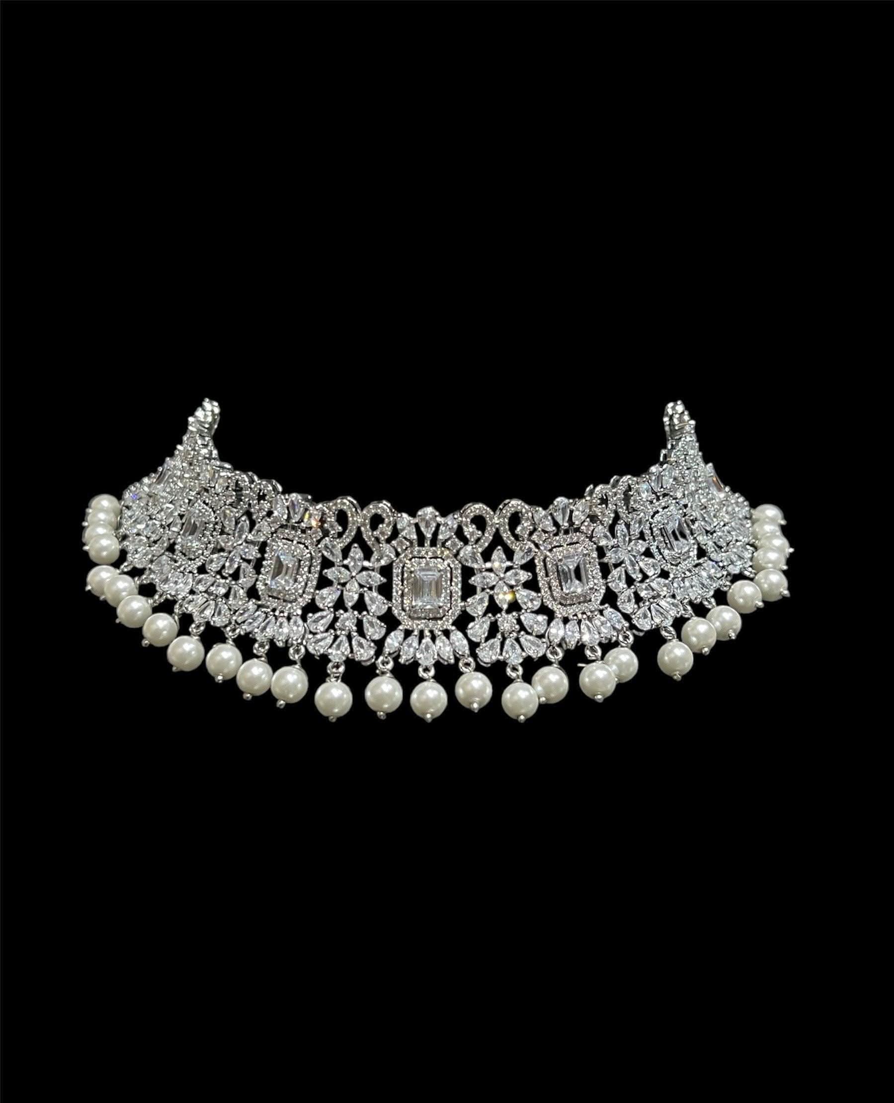 Pre Order Pari Pearl Diamond Choker CZ Choker American Diamond Necklace Set Choker Necklace Indian Cubic Zirconia Necklace Pakistani Jewelry