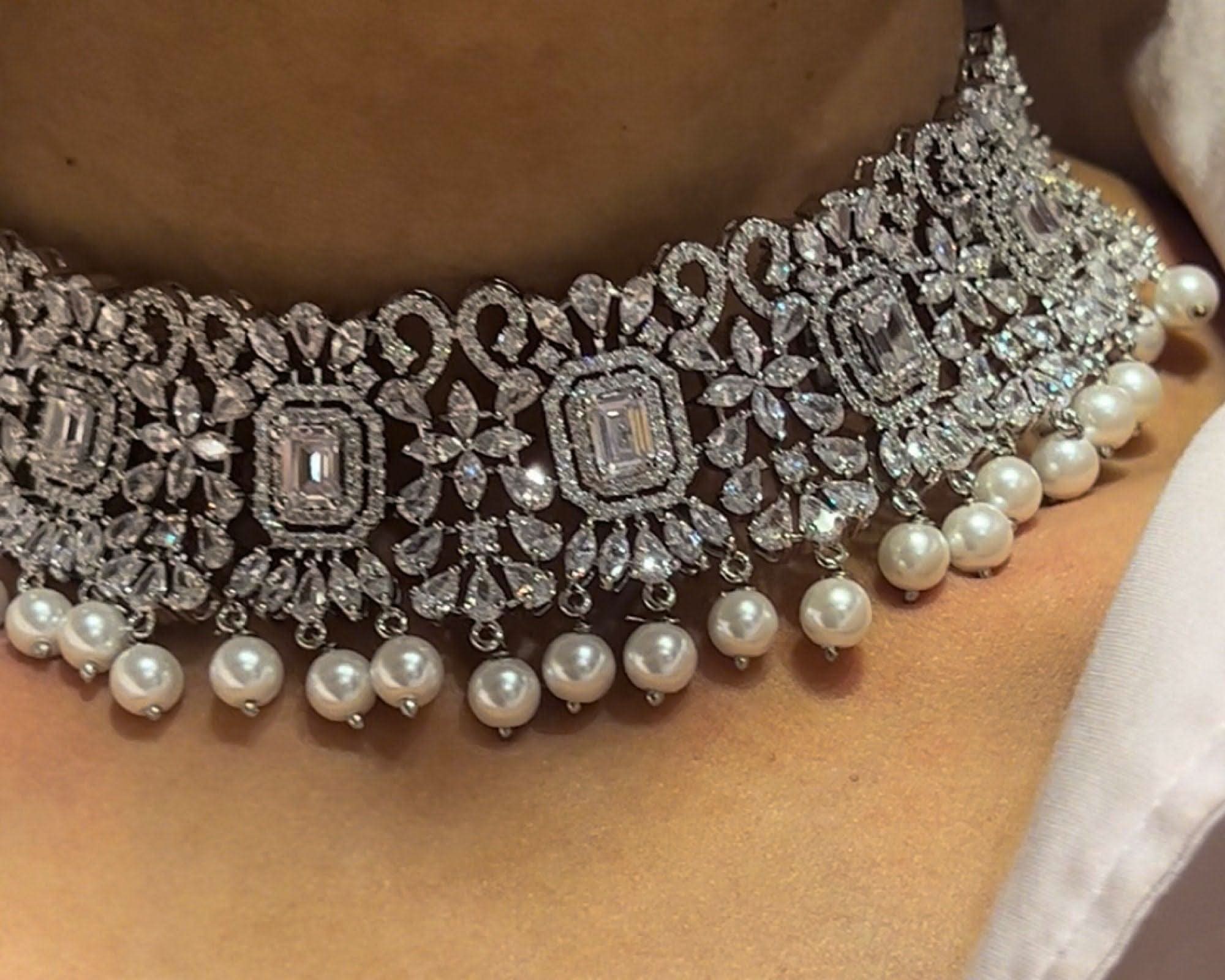 Pre Order Pari Pearl Diamond Choker CZ Choker American Diamond Necklace Set Choker Necklace Indian Cubic Zirconia Necklace Pakistani Jewelry