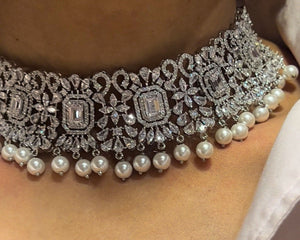 Pre Order Pari Pearl Diamond Choker CZ Choker American Diamond Necklace Set Choker Necklace Indian Cubic Zirconia Necklace Pakistani Jewelry