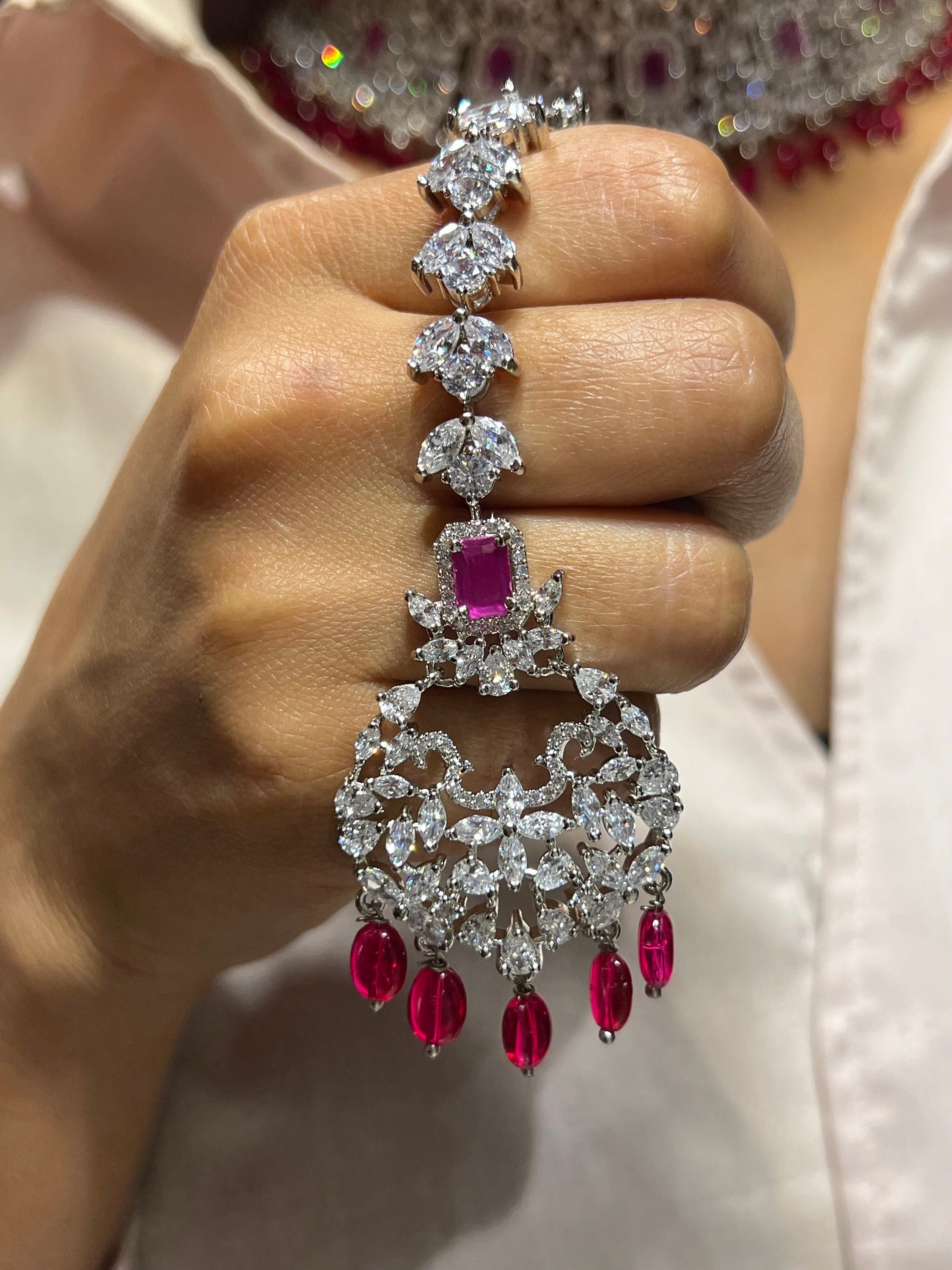 Pari Ruby Diamond Choker CZ Choker American Diamond Necklace Set Choker Necklace Indian Cubic Zirconia Necklace Pakistani Jewelry